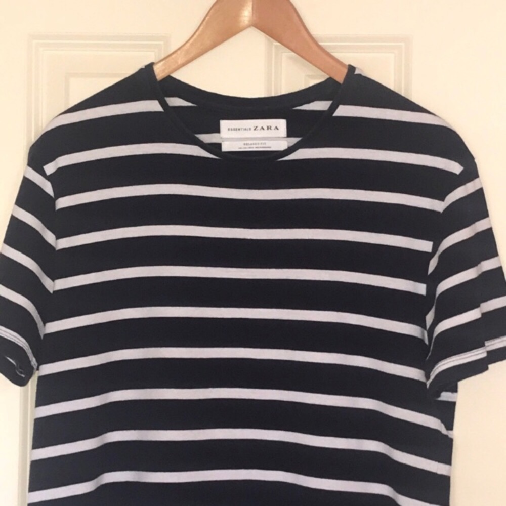 Zara essentials navy blue stripe relaxed fit tee